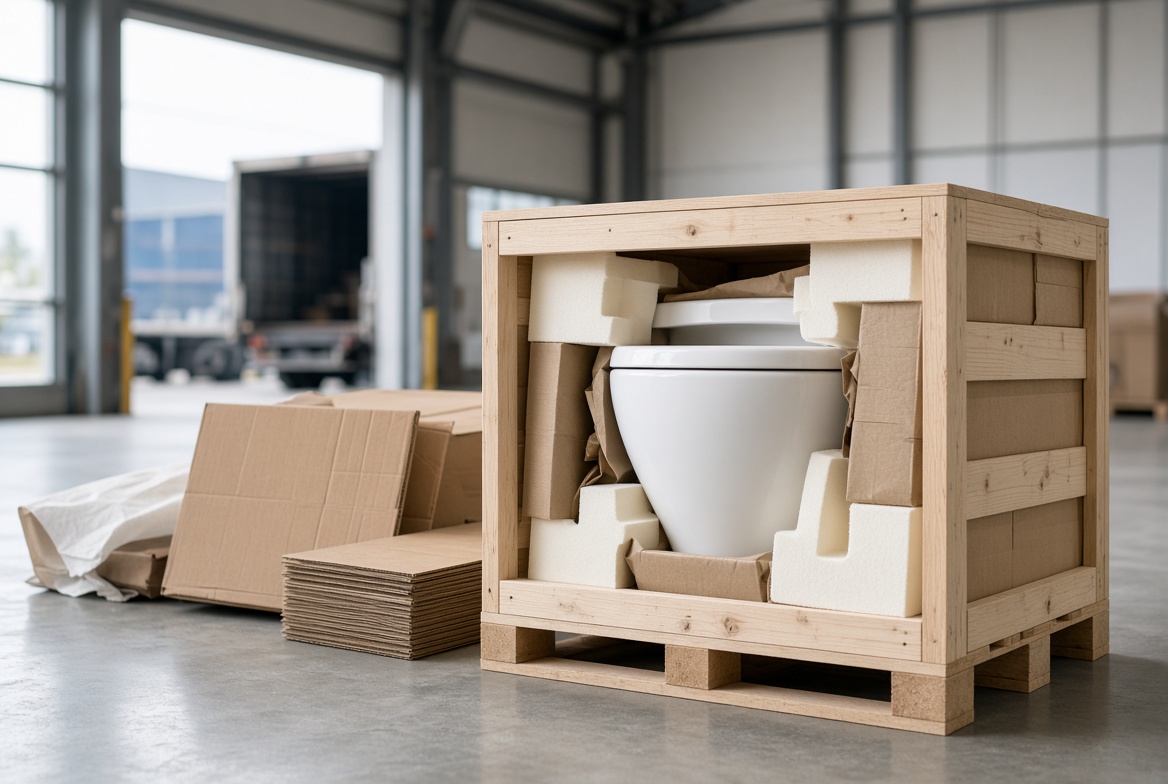 Carefully packaged sanitaryware ready for UK delivery
